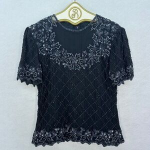 Vintage Beaded Blouse MEDIUM Black‎ Short Sleeve Evening Top Formal Party